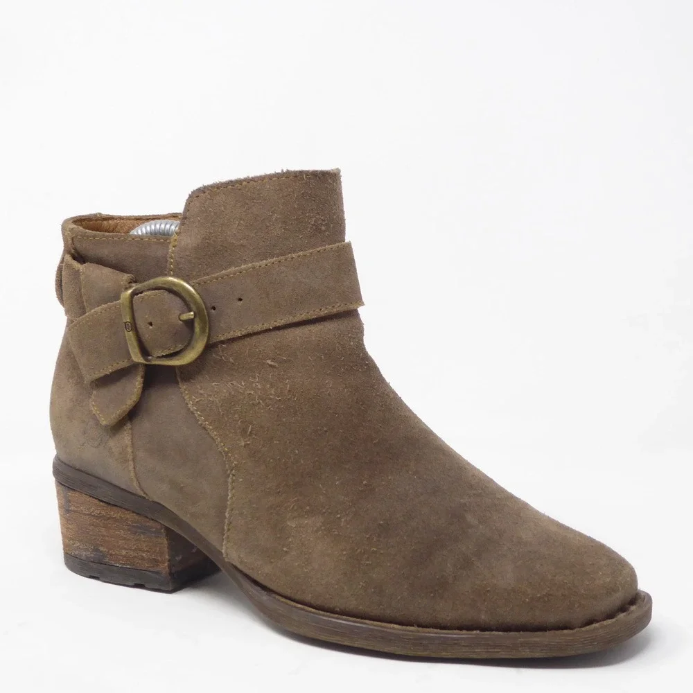 Born Women Morocco Ankle Boots Brown Suede Buckle Strap Block Heel 7